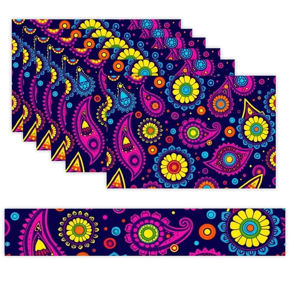 7 Piece Linen Table Runner and Placemats Set, Paisley Colorful Pattern Round Corner Heat Resistant Washable Table Mats for Home Kitchen Dining Party Decoration