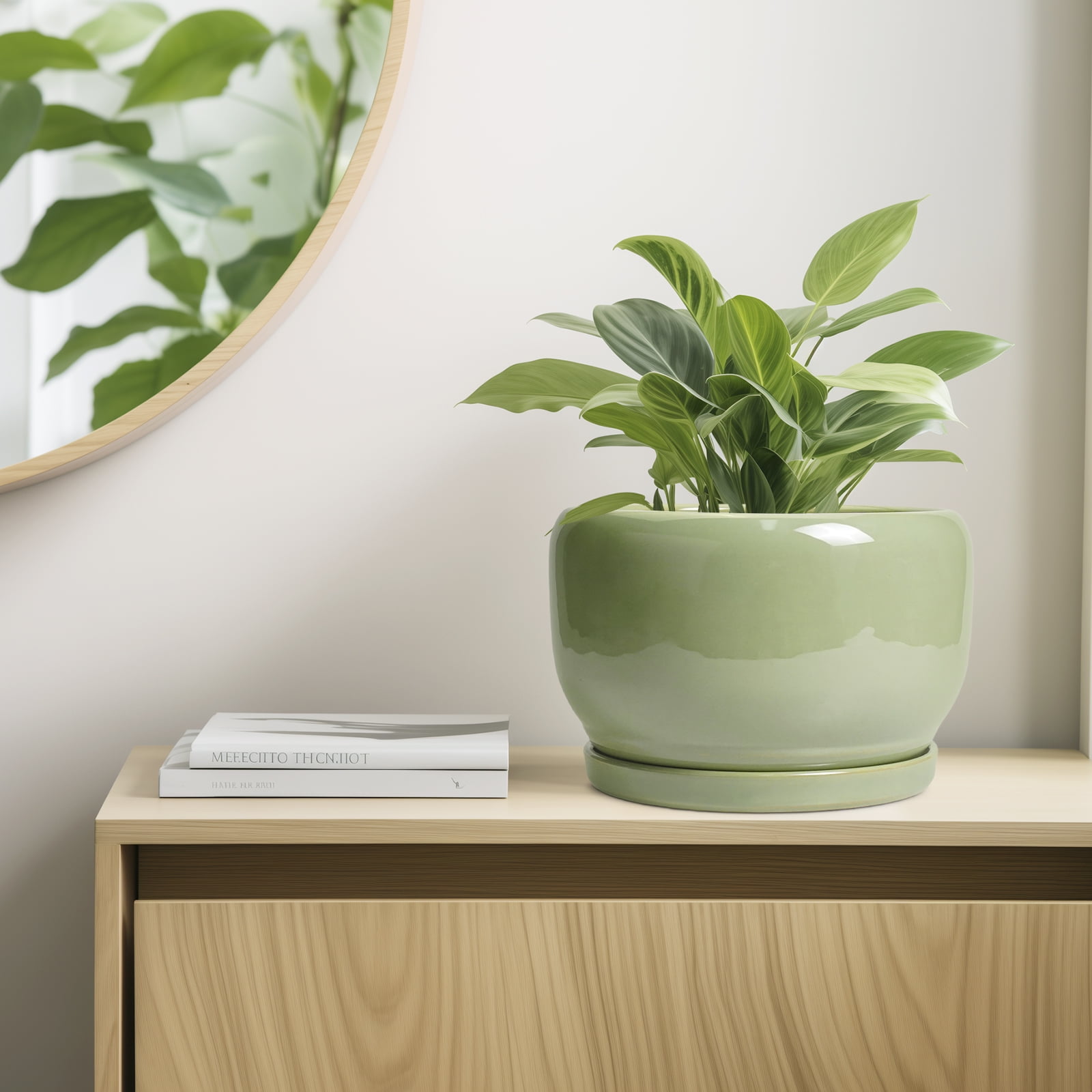 Ordivic 10 inch Glossy Green Ceramic Plant Pots with Drainage & Saucer, Large Round Pots for Monstera,Fiddle Leaf Fig,Entryway Decor