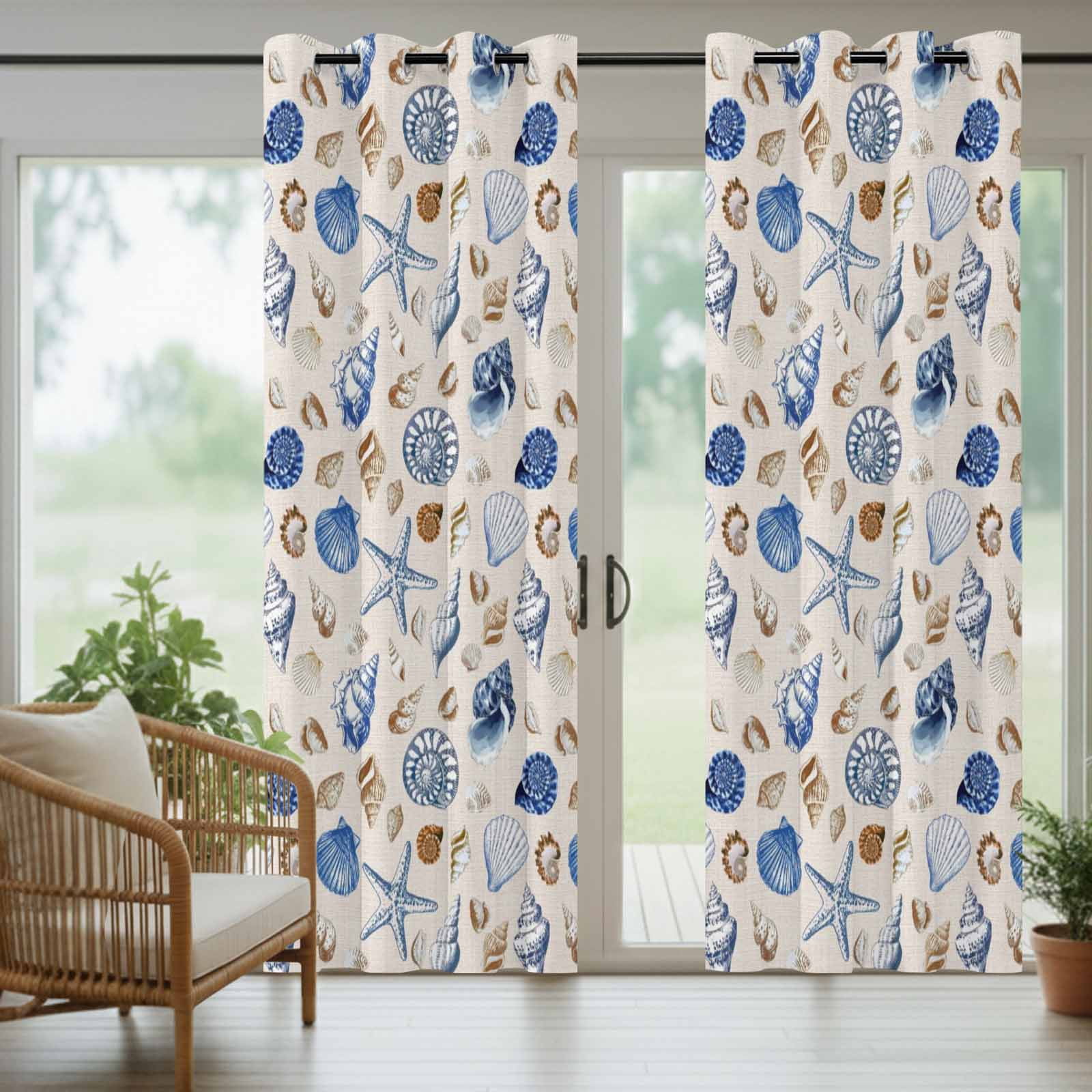 Summer Marine Life Outdoor Curtains for Patio, Watercolor Conch Starfish Ocean Shells Vintage Sunshade Privacy Drapes Grommet Waterproof Outside Curtains for Porch/Cabana/Balcony 54"x 108", 1 Panel