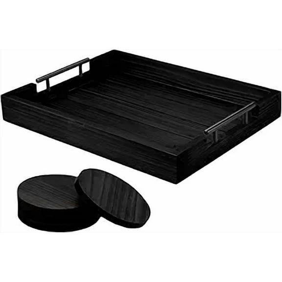 Ottoman Serving Tray | Decorative Coffee Table Tray with Handles – 17x13 Inch Wooden Tray with 4 Coasters for Breakfast, Kitchen & Bar