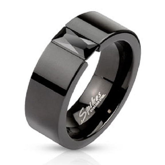 Mens Stainless Steel Glossy Black IP Wedding  Black CZ Ring-Size 11