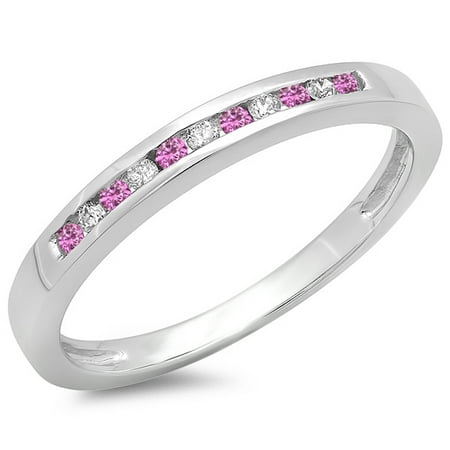 Diamond & Sapphire Anniversary Band 10K Gold Round Pink Sapphire & White Diamond Ladies Anniversary Wedding Band Stackable Ring ()