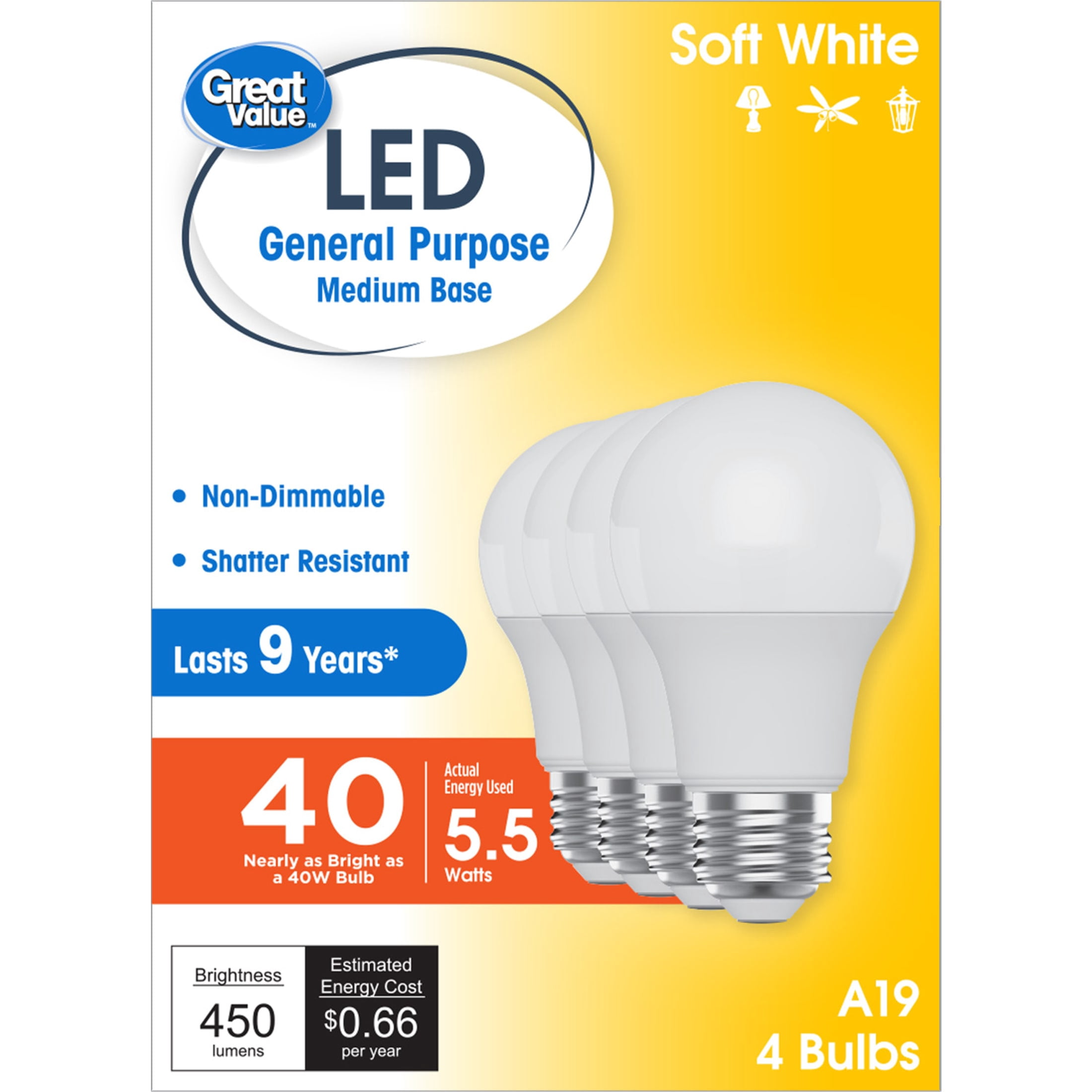 Great Value LED Light Bulb, Soft White, 40 Watt Eqv, A19 General Purpose, E26 Medium Base, 9yr, 4 Pack