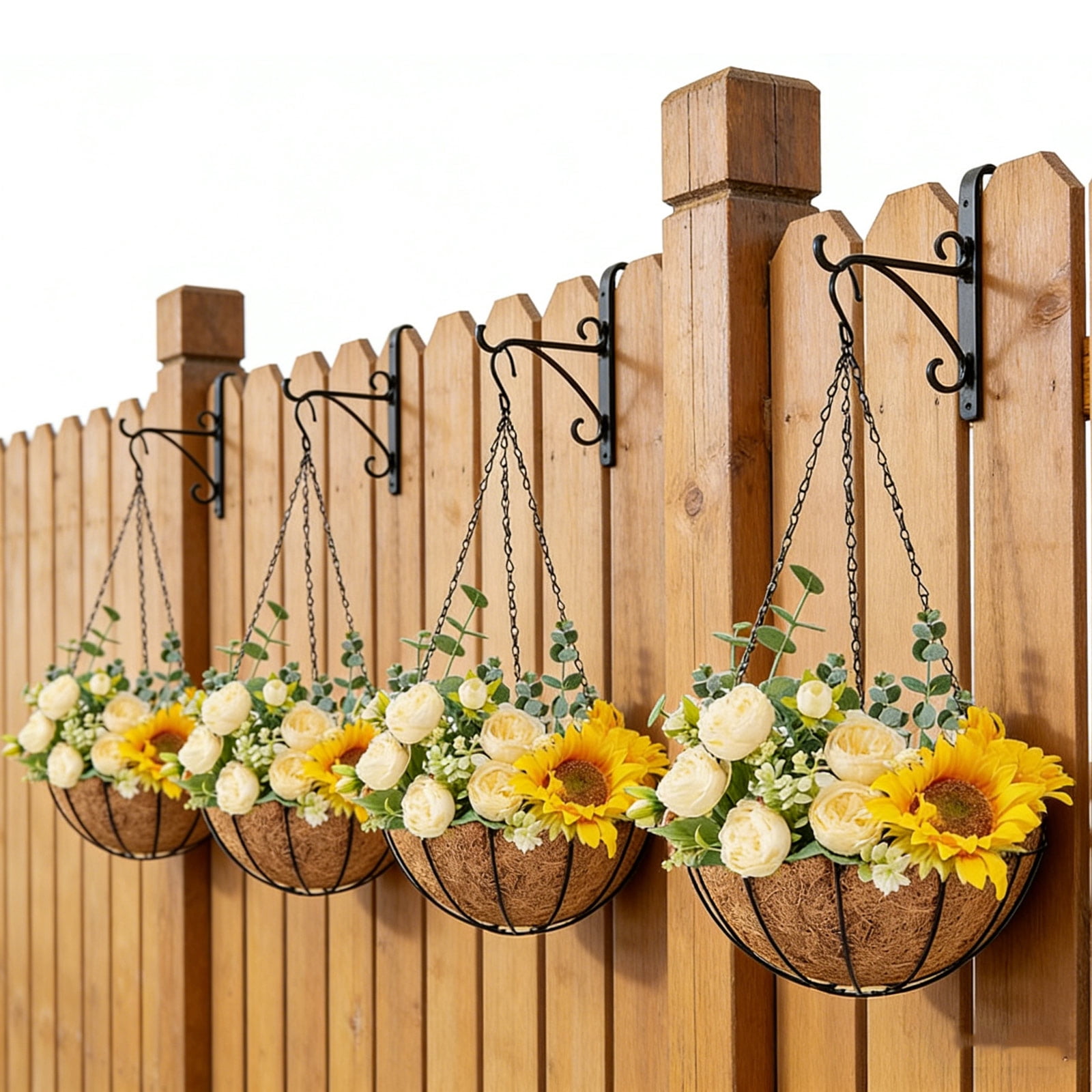 4 Pack 14 Inch Hanging Flower Baskets for Outdoor Plants Large Metal Wire Planters with Coco Liner Pot for Home Planting Black Watering Plant Holders for Outside Garden