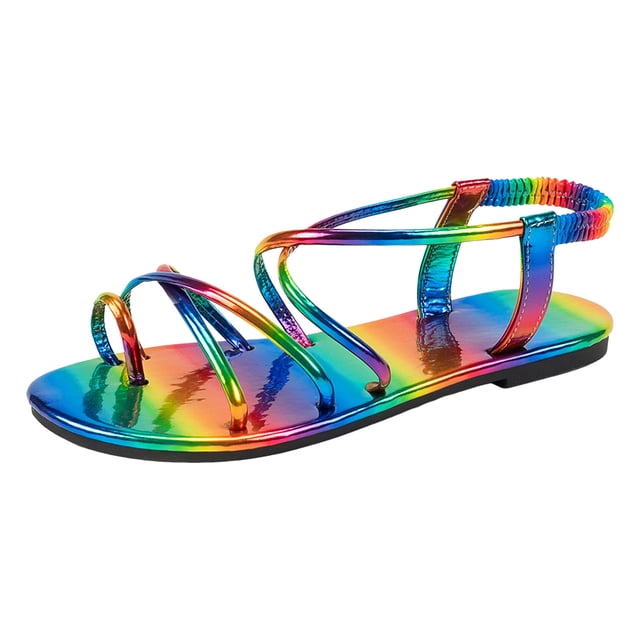 Bmisegm Ladies Summer Colourful Glossy Flat Beach Large Size Clip Toe Slipper Sandals Sandals Women Summer Multicolour 8.5