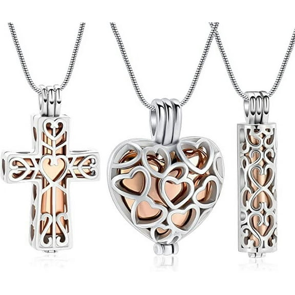 3 Pieces Urn Necklace for Ashes Cylinder Cross Heart Cremation Jewelry for Ashes Loved One Keepsake Memorial Mini Urn Holder