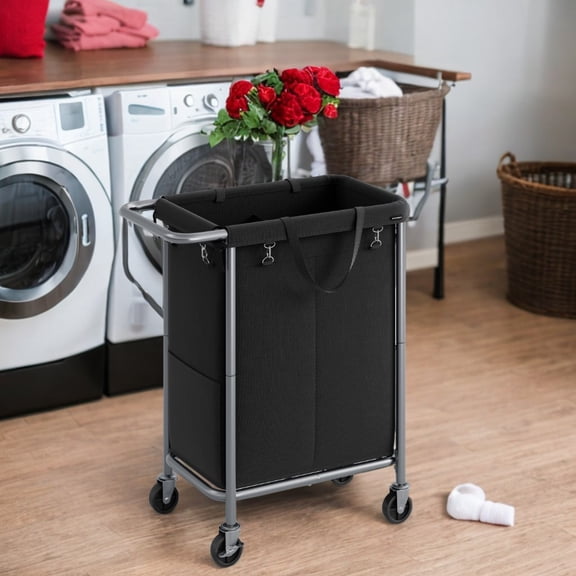 2-Section Rolling Laundry Basket Storage with Wheels, 37 Gallons Laundry Hamper, Removable Liner, Steel Frame with Handle, 27.2 x 15.4 x 31.9 Inches