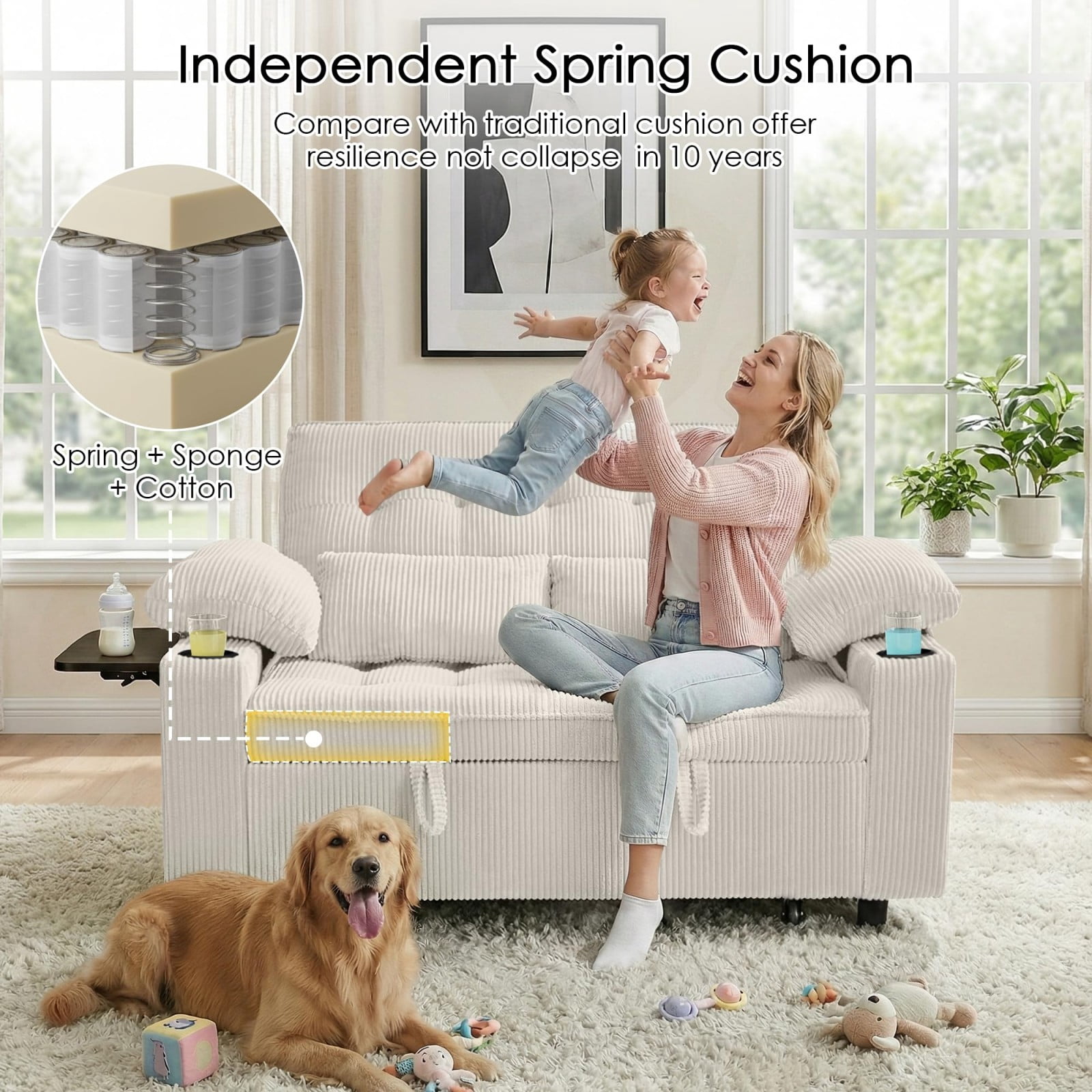 58" Sleeper Sofa Bed, Convertible Pull Out Couch Full Size Loveseat with Corduroy Fabric, USB Charging, Adjustable Backrest for Living Room Apartment Office, Beige