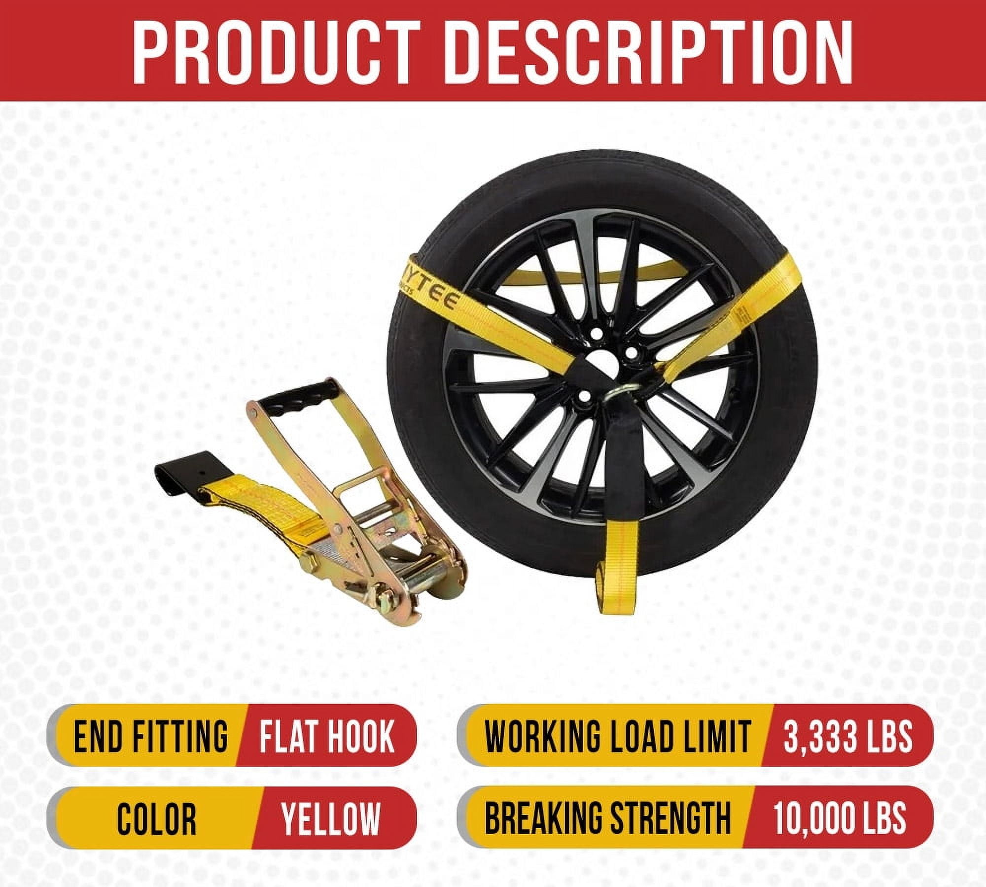 (4 Pack) 2" x 120" Car Tie Down Straps for Trailer with Flat Hook - 3333 LB WLL Lasso Style Tire Straps for Car Trailer with Ratchets - Vehicle Tie Down Wheel Straps for Hauling Cars