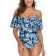 thumbnail image 1 of Traje de baño de una pieza con volantes florales, diseño de secado rápido, base azul con flores blancas, talla M, adelgazante y control de abdomen, 1 of 6