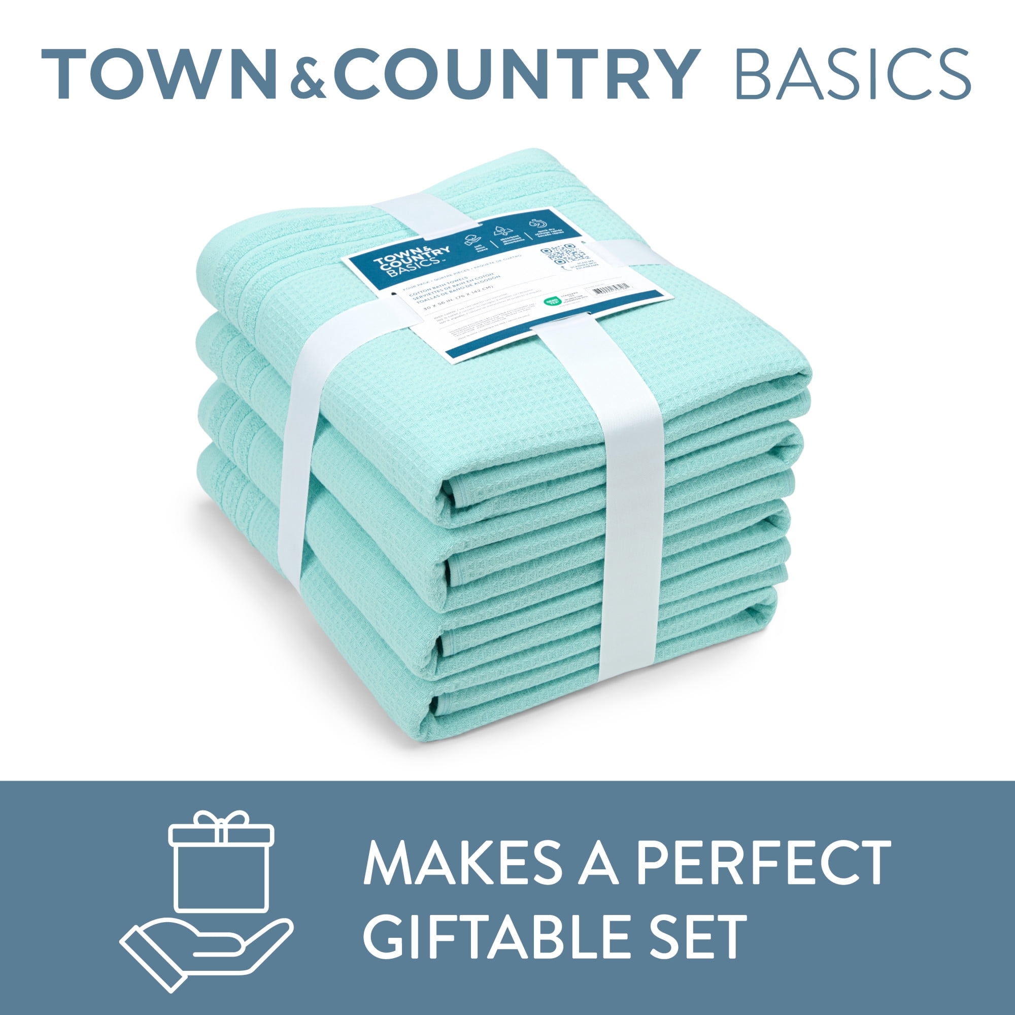 TOWN & COUNTRY BASICS 4-Piece Waffle Woven Terry Stripe Bath Towel Set, 30x56-Inch, 100% Cotton, Quick Dry, Aqua