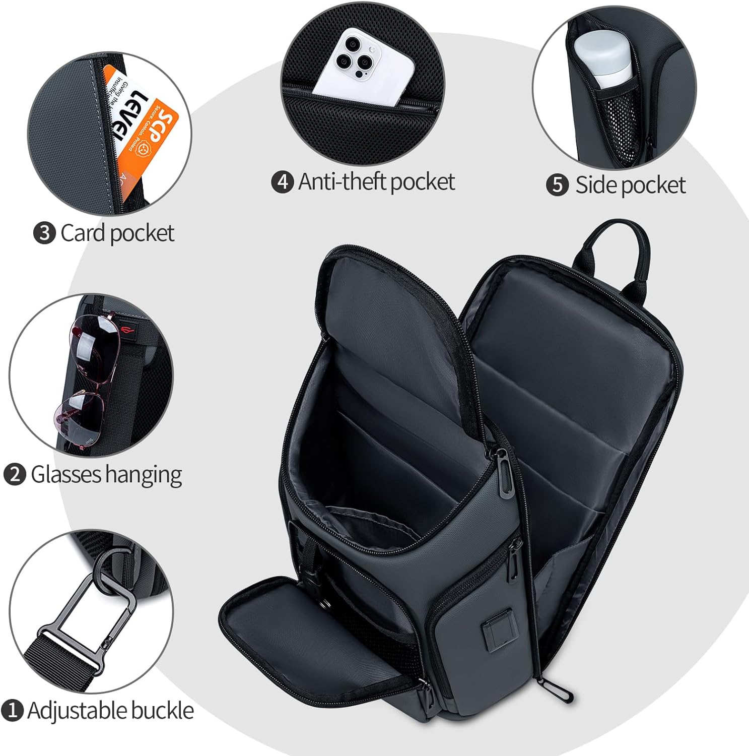FENRUIEN Sling Bag Crossbody Backpack with USB Charging Port,Grey