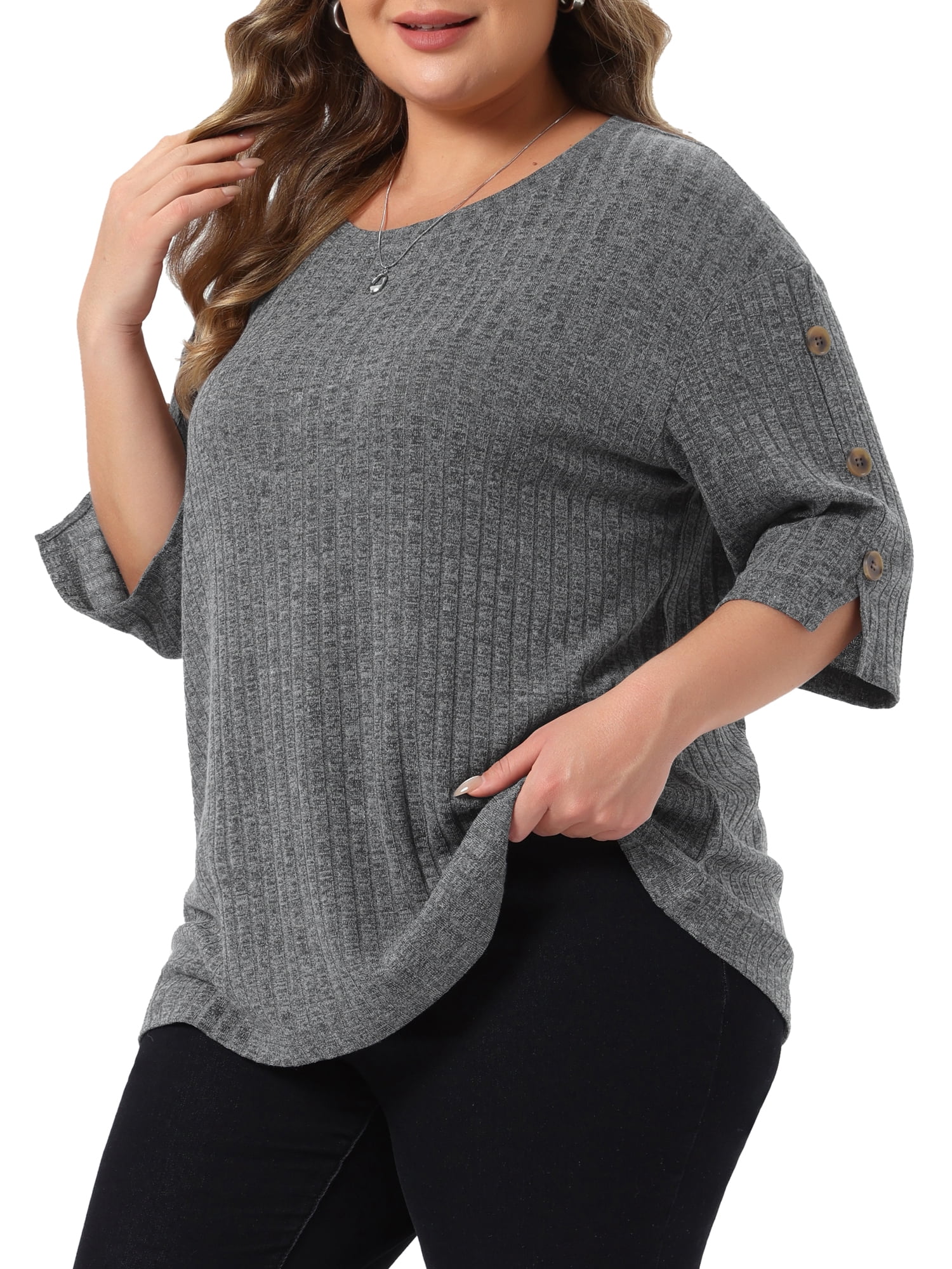 DARING DIVA Women's Plus Crew Neck Slit 3/4 Sleeve Button Tops 2X Grey