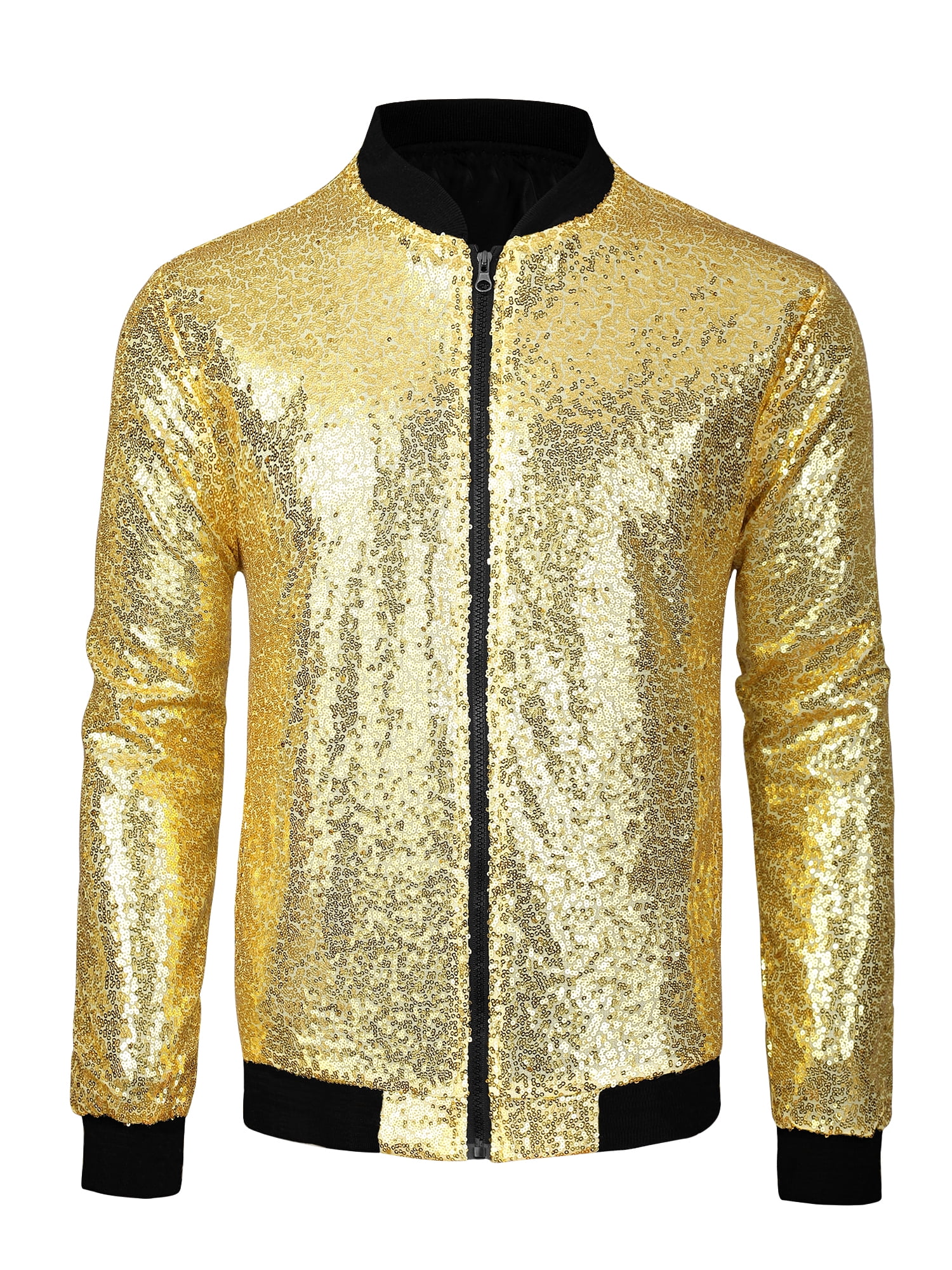 Unique Bargains Men's Long Sleeves Sequin Varsity Zipper Bomber Jacket, Size: Medium, Silver