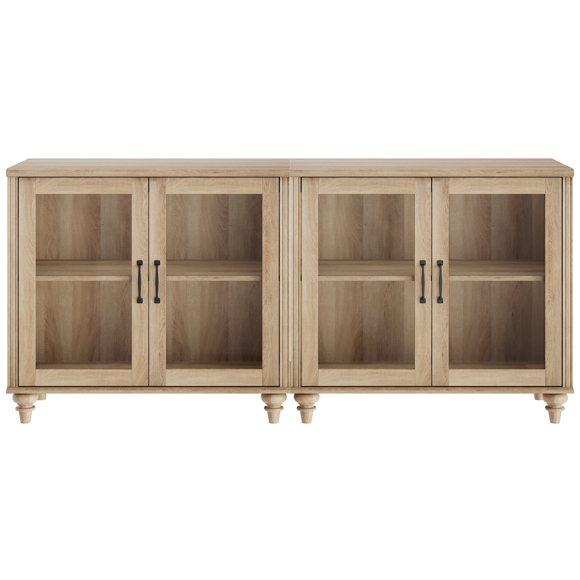 Oak Buffet Cabinet with 4 Glass Doors, Kitchen Storage Cabinets with Adjustable Shelf, 68 inch