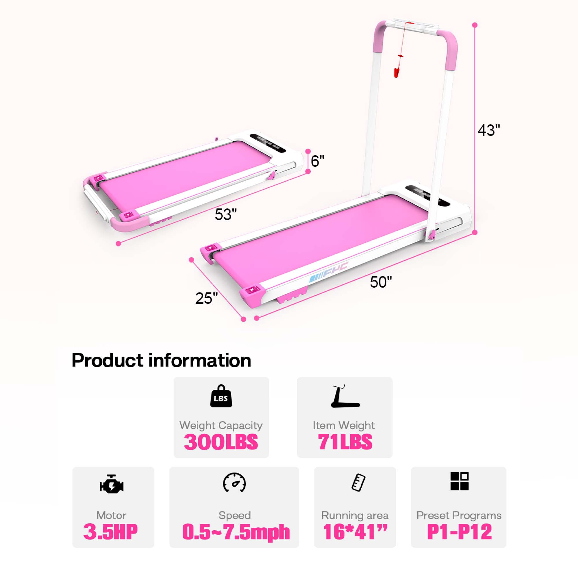 Aukfa 3.5 HP Under Desk Treadmill, Walking Pad 2 in 1 Folding Treadmill for Home Office Workout, 300lb Capacity, Pink