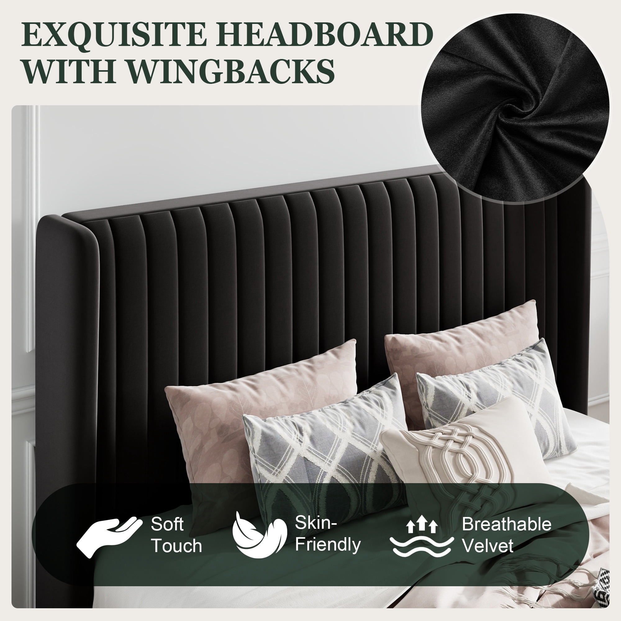 Amolife Queen Size Lift Up Hydraulic Storage Bed Frame, Platform Bed with Upholstered Wingback Headboard with Vertical Channel Tufting, Black