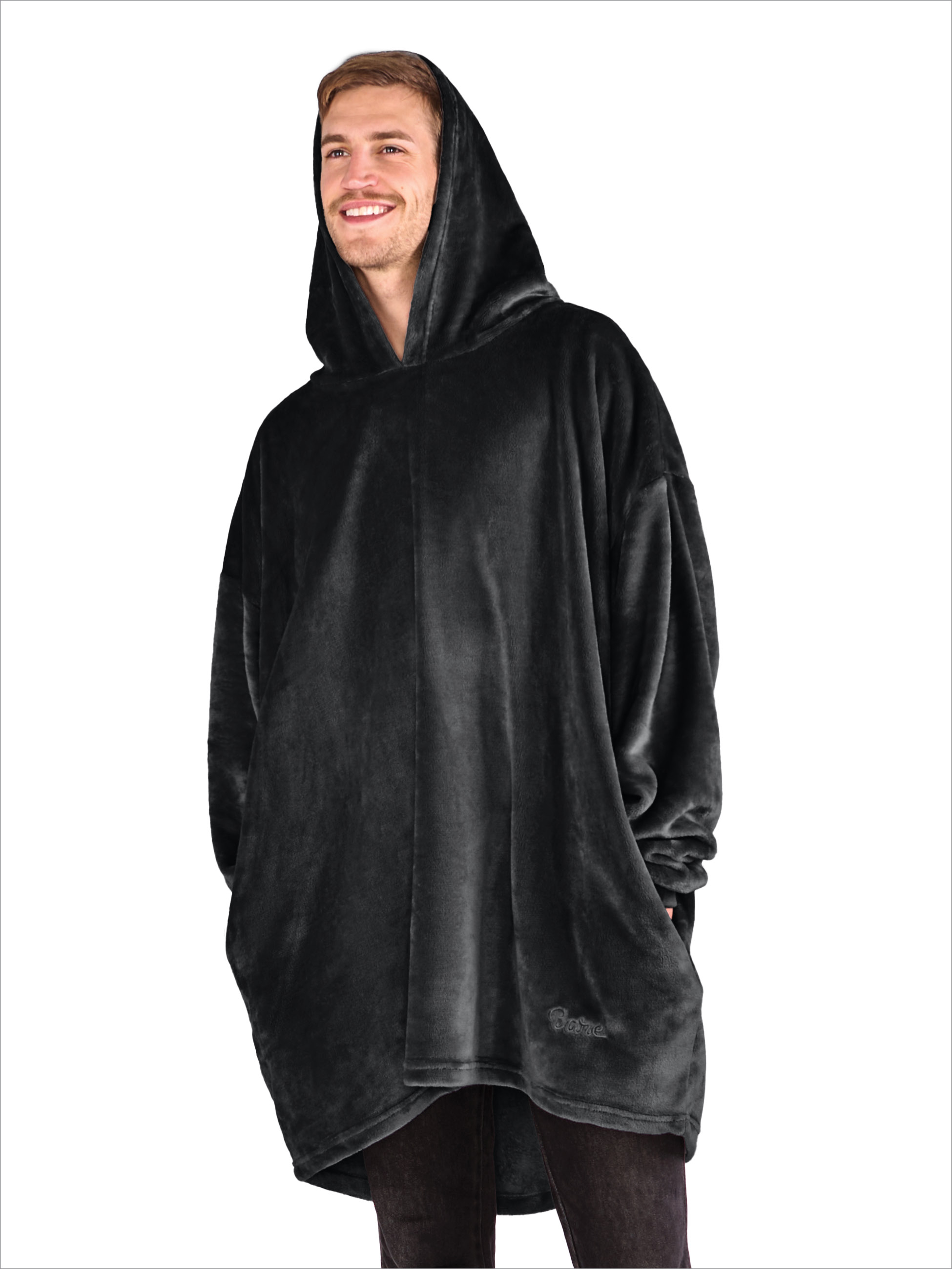 Bare Homey Adult Size Microplush Wearable Blanket - Zipper Side Pockets - Warm - Velvety Soft, Black