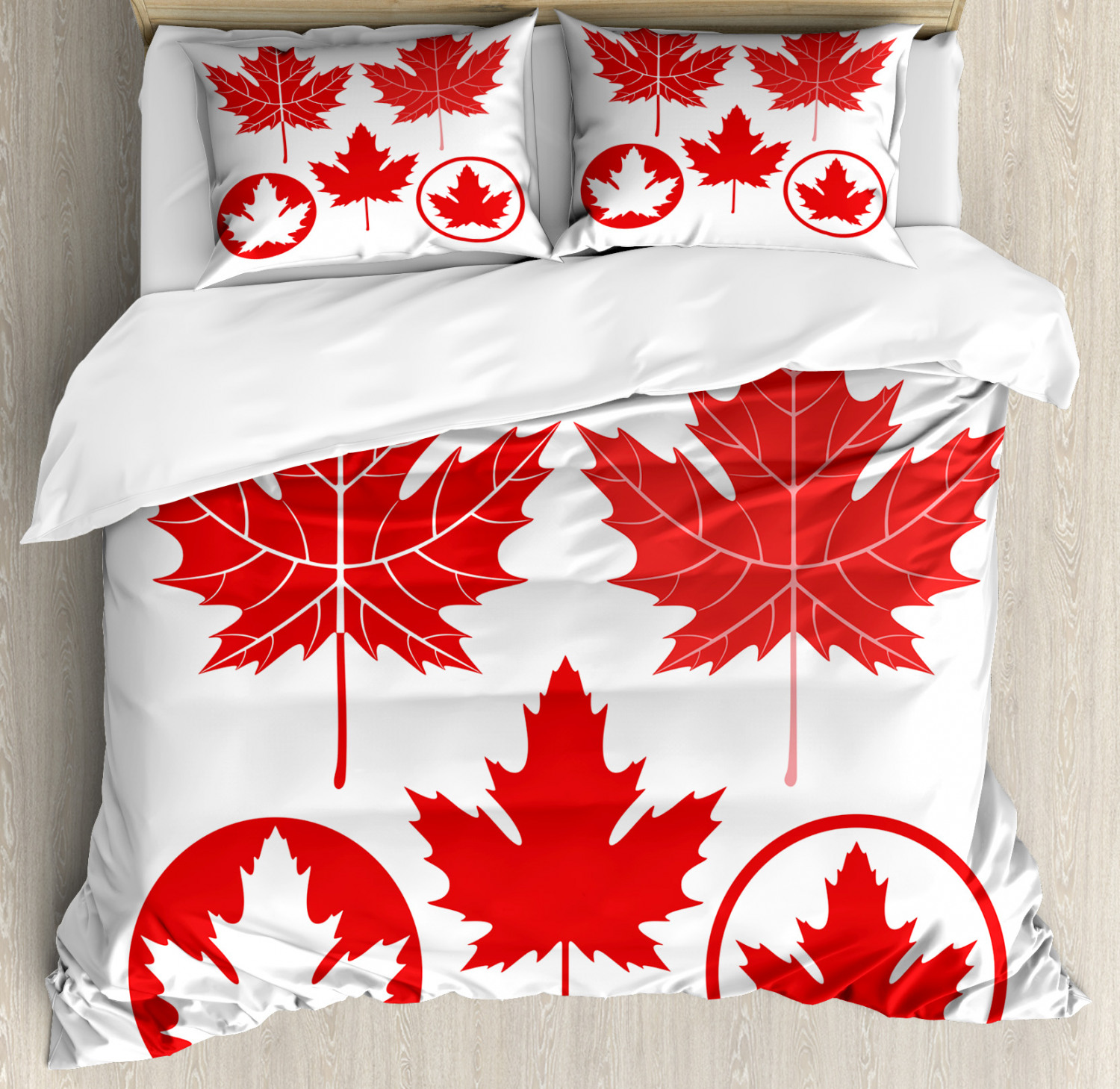 Leaves Queen Size Duvet Cover Set, Monochrome Canadian Flag Motif with Different Design North