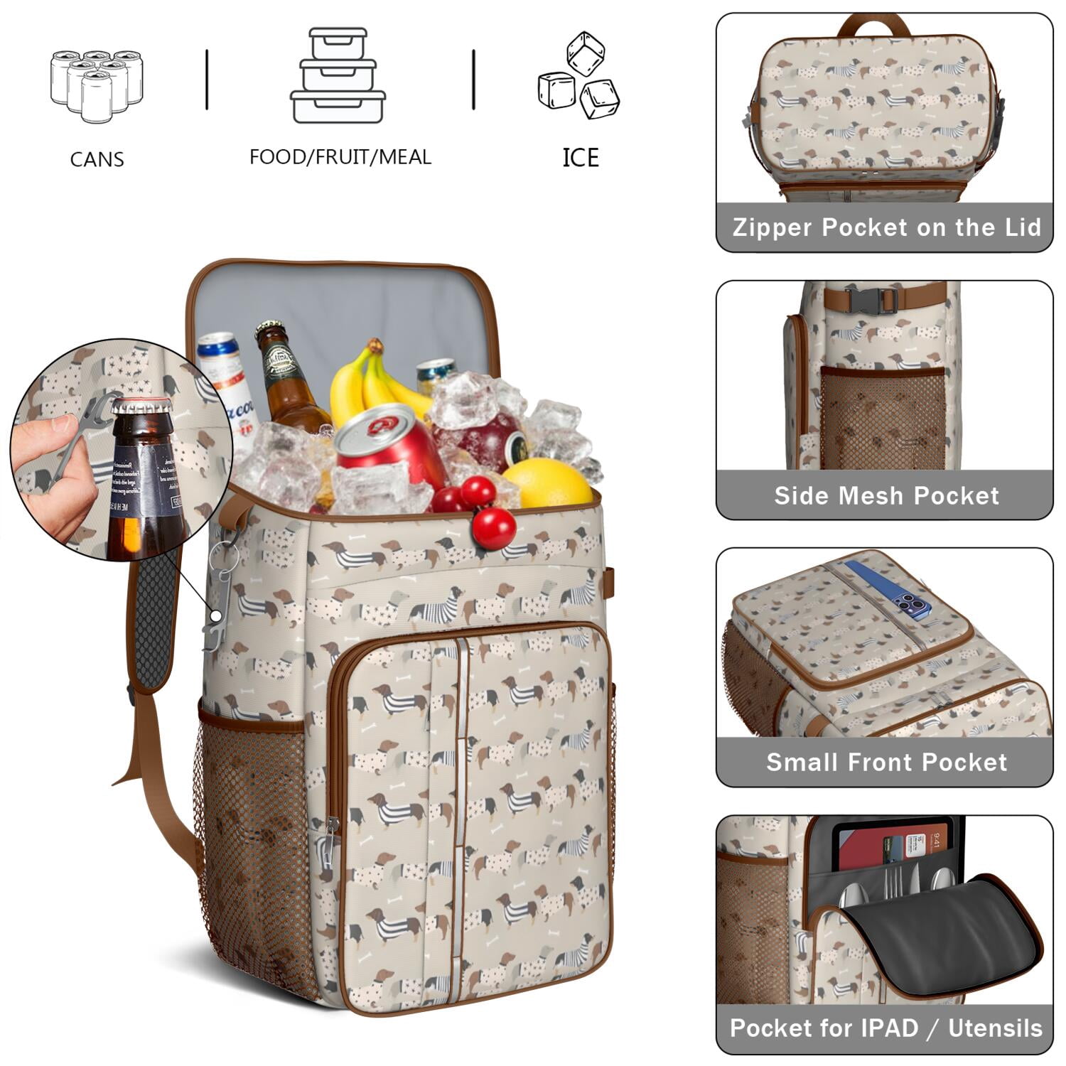 Travel Cooler Bag - Cute Cartoon Dachshund Camping Beer Cooler Backpack with Bottle Opener- Waterproof Insulated Picnic Backpacks - Cooler Bag for Beach