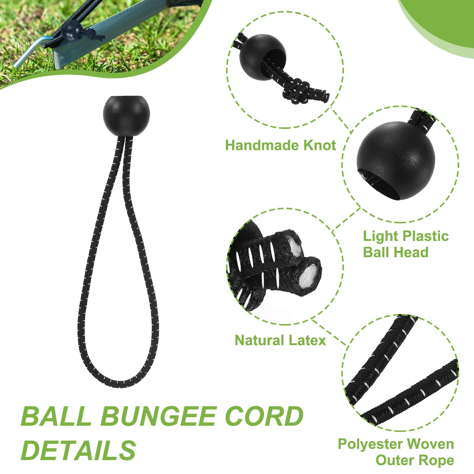 Ball Bungee Cord 10 Inch, 50 Pcs Bungee Cords with Balls Canopy Tarp Tie Downs Cords Elastic String for Outdoor Camping Cargo Shelter Tent Poles, Black White