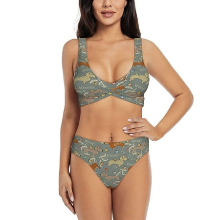 Zeuib Dachshund Dog Bird High Waisted Tummy Control Bikini Set - Knot Front Push Up Top & Cheeky Thong Bottom  Two-Piece Swimsuit for Women-Large
