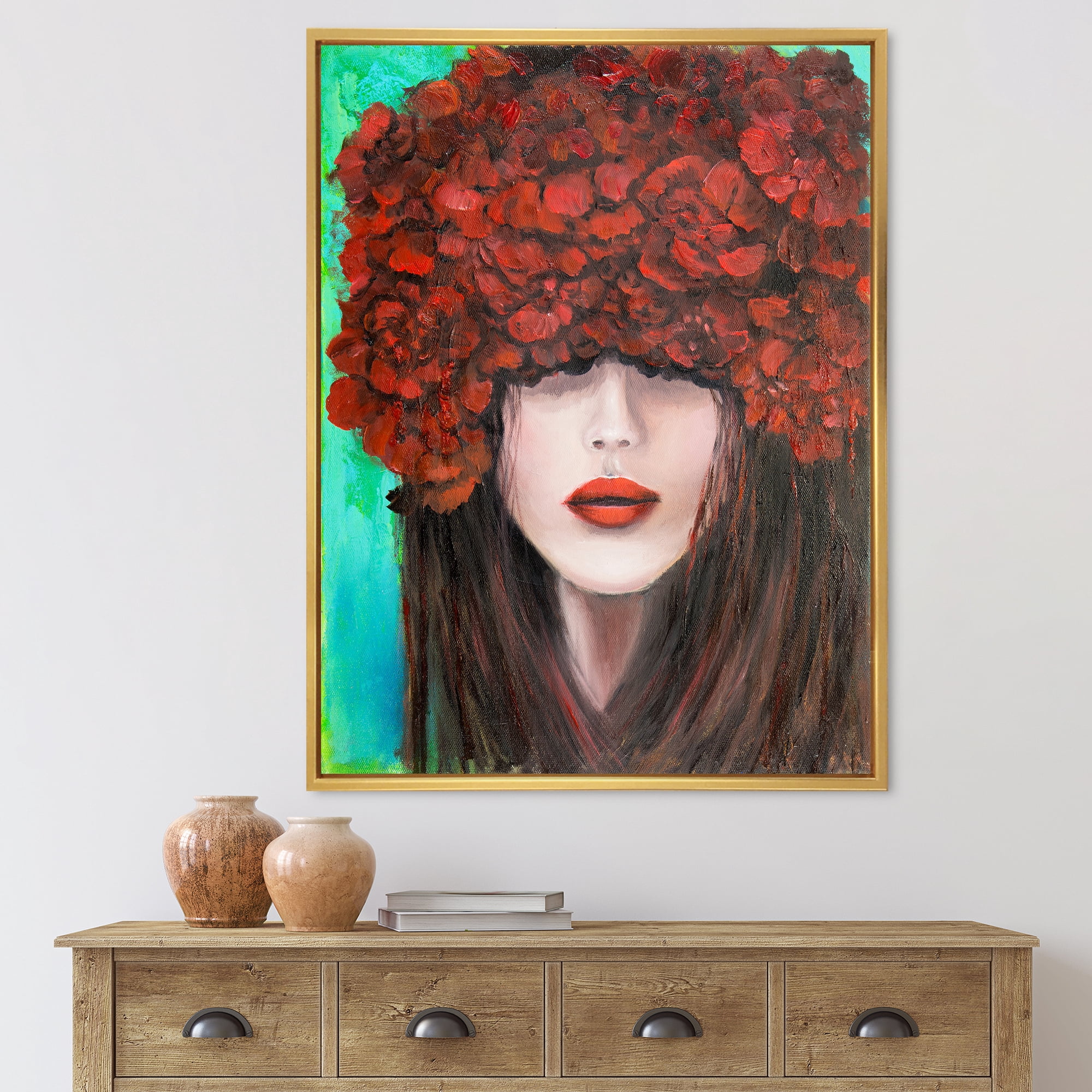 Portrait Of A Young Lady With Red Flowers 24 in x 32 in Framed Painting Canvas Art Print, by Designart