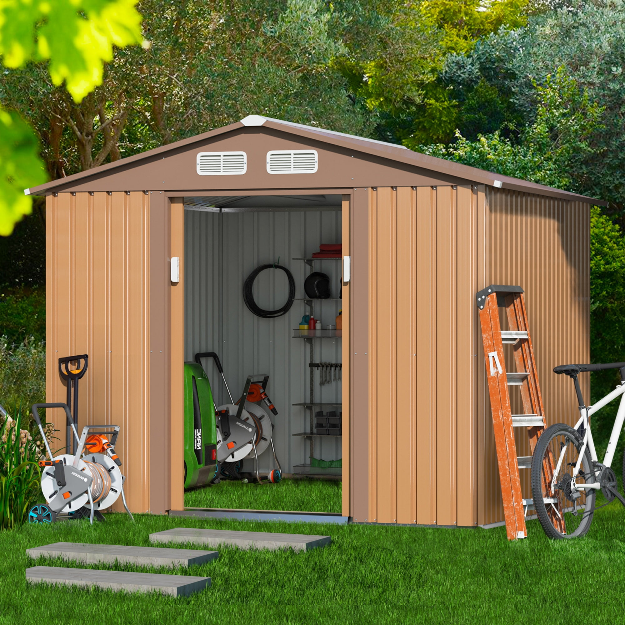 GVN 8' x 8' Metal Outdoor Utility Storage House, Backyard Garden Tool Shed with Sliding Door, 4 Vents, Coffee, Outdoor Storage, Storage Shed GVN 8' x 8' Metal Outdoor Utility Storage House, Backyard Garden Tool Shed with Sliding Door, 4 Vents, Coffee, Outdoor Storage, Storage Shed