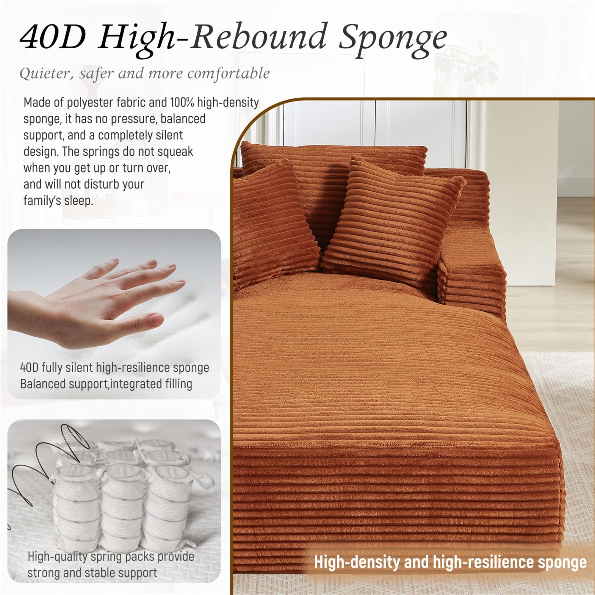 Aukfa 79" Extra Long Chaise Lounge Oversized Indoor Chair Boneless Couch for Living Room, 3Pillows, Orange