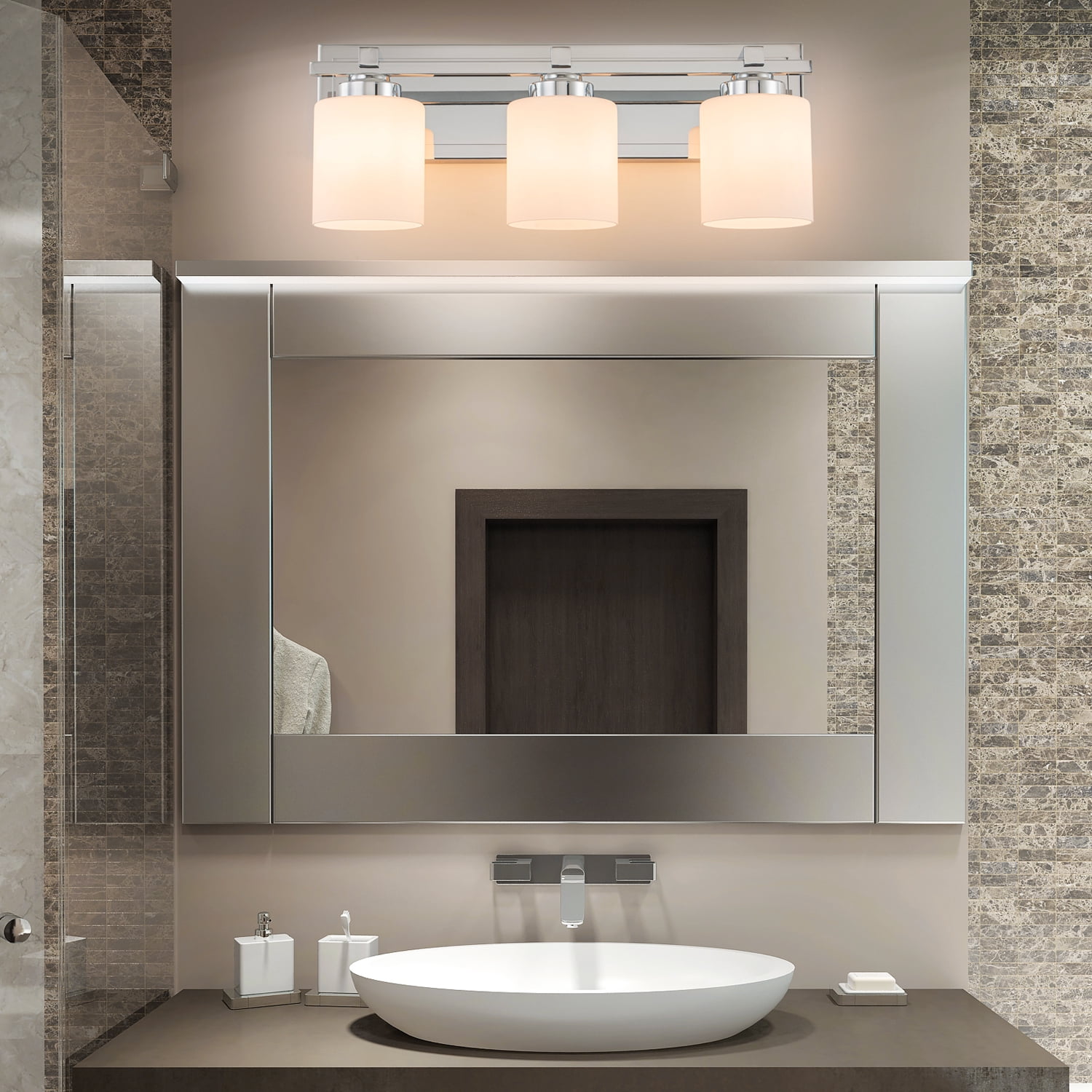 SineRise 3-Light Chrome Modern Bathroom Vanity Light with Milky White Glass Shades