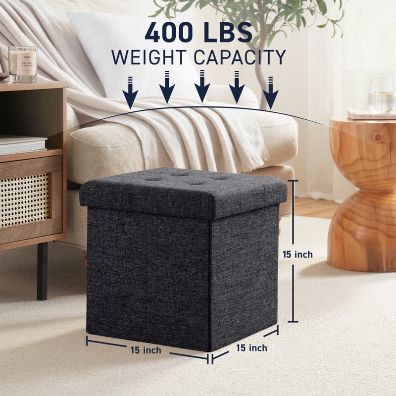 Ornavo Home 2 Pack 15 Inch Folding Storage Ottoman with Storage, Square Cube Linen Small Storage Ottoman Foot Rest Stool - Black