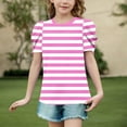 thumbnail image 2 of SROBPTY Kids Girls 4-15 Years Short Sleeve Round Neck Striped Print Puff Sleeve Ruffle Casual Tshirt Top Hot Pink, 14-15 Years, 2 of 5