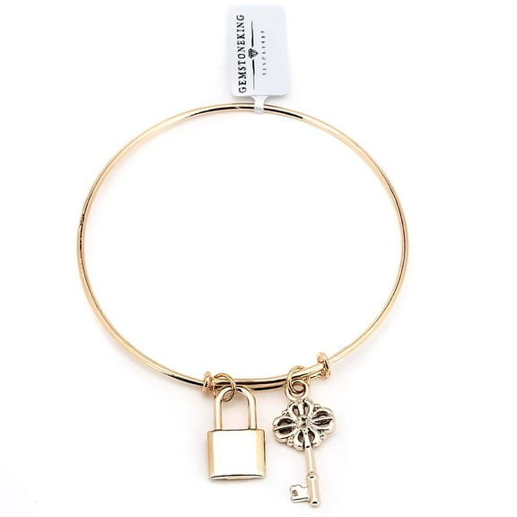Gem Stone King 3 inch Wide Gold Plated Brass Lock and Key Duo Charm Bangle Bracelet for Women