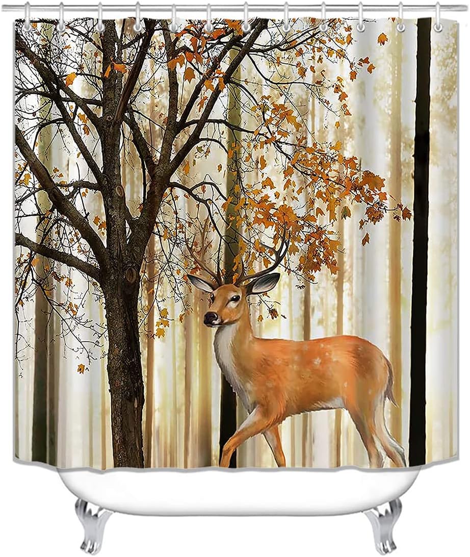 Sonernt Rustic Deer Shower Curtain 72x72inch, Country Foggy Woodland