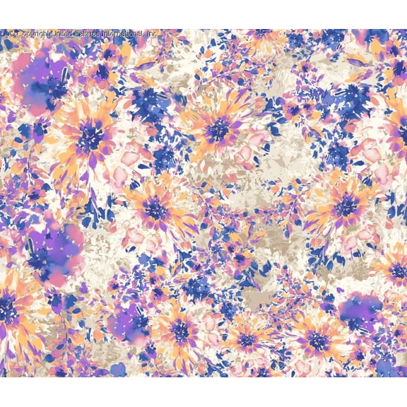Challis Rayon Printed Astoria, Floral Fabric, Dress Fabric, Sewing (BLUE/ORCHID/PEACH, ByYard)