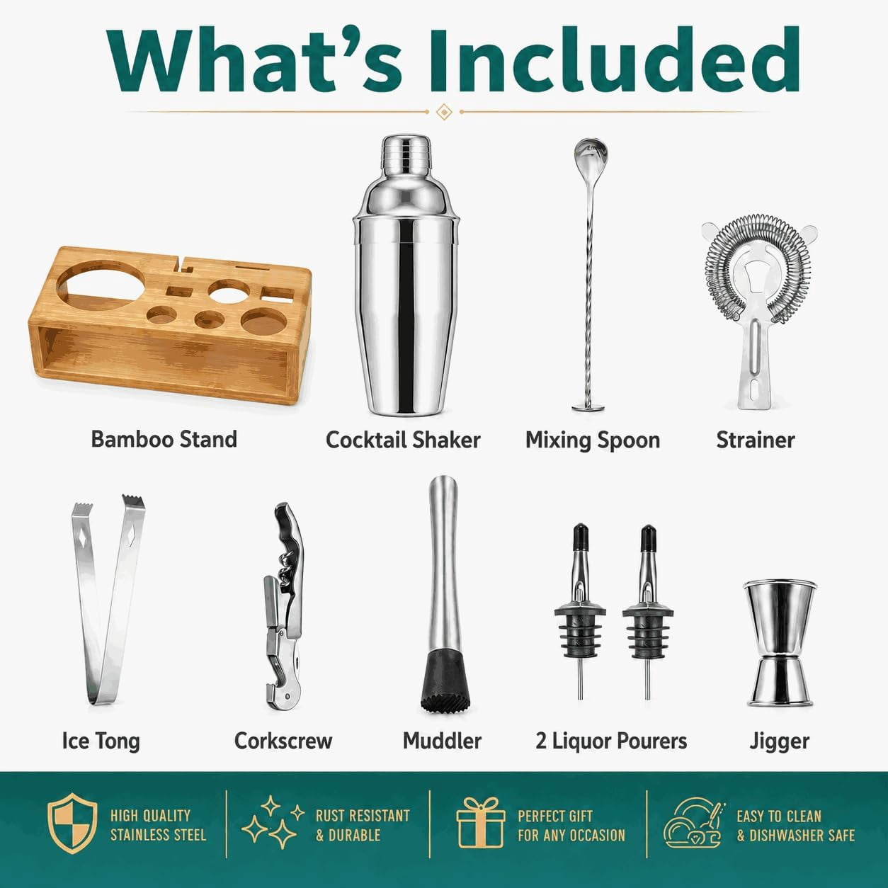 Semderm 10-Piece Cocktail Shaker Set, Stainless Steel Bartender Kit with Bamboo Stand, Mixology Tools with Muddler Jigger Pourers for Home Bar, Gift for Men & Women ( Silver )