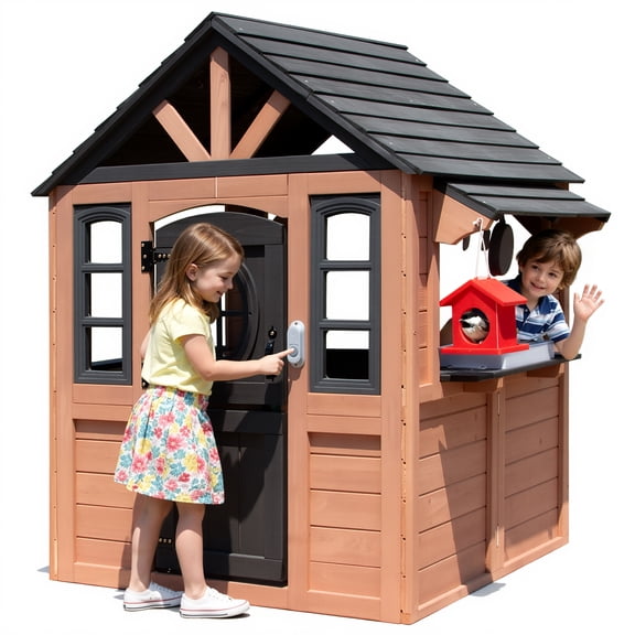 Conchico Outdoor Playhouse for Kids 3-5 Years, Kids Playhouse with Play Kitchen, Working Doorbell, Bird Cage, Pet Door, Kids Outdoor Toy Gift, Easy Assembly, Natural