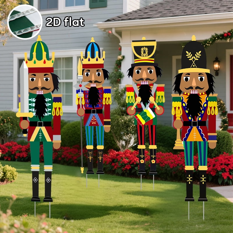 Christmas Nutcracker Yard Stakes, 4-Pack 2D Flat Outdoor Holiday Decorations, Waterproof Garden Lawn Signs for Xmas Porch & Yard Décor
