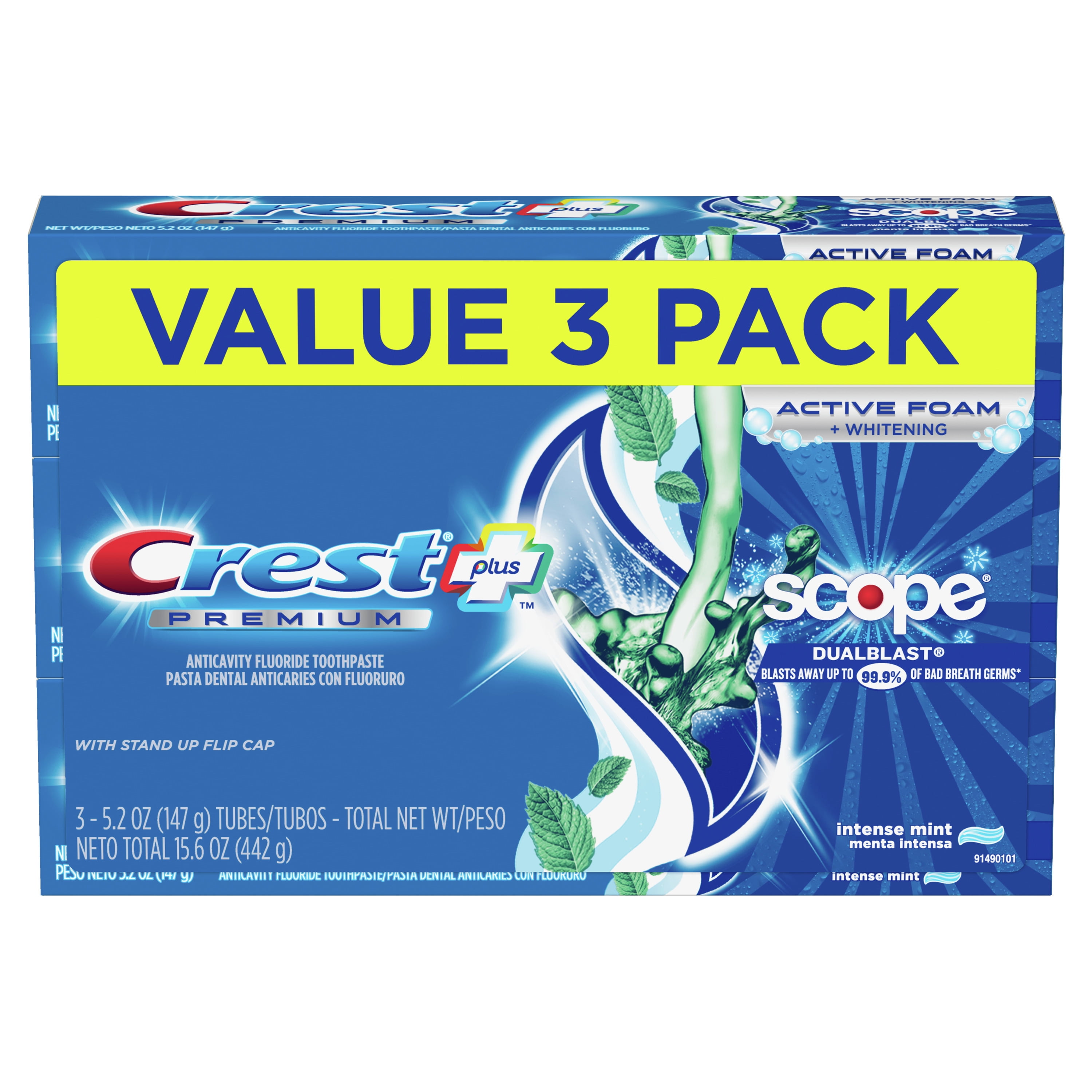 Crest Premium Plus Scope Dual Blast Toothpaste, Mint, 5.2 oz, 3 Pack
