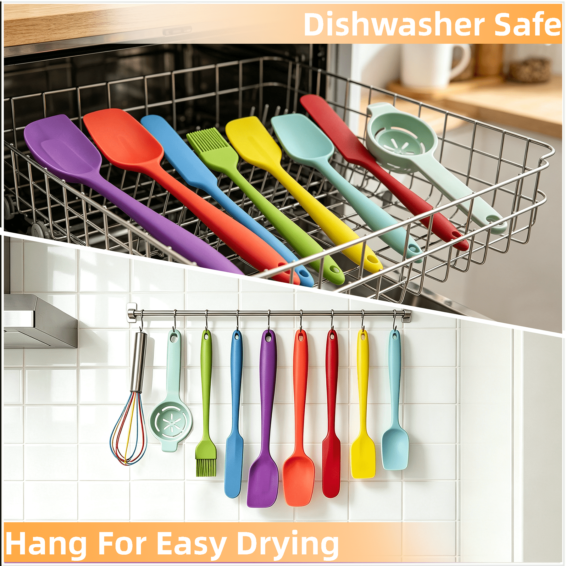 9‑Piece Silicone Spatula Set, Heat‑Resistant Silicone Baking Utensils, Non‑stick Kitchen Cooking Tools with Whisk, Basting Brush and Egg Separator, Multicolor Rubber Spatula Kit for Mixing, Baking
