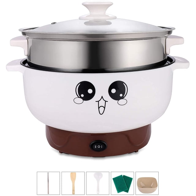 2.8L (with Lid and Steamer) 4-IN-1 Multifunction Electric Cooker Skillet Grill Pot Wok Electric Hot Pot for Noodles Cook Rice Fried Stew Soup Steamed Fish Boiled Egg Non-stick