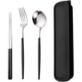 thumbnail image 1 of Utensilios de viaje, juego de cubiertos de acero inoxidable de 4 piezas, cubiertos portátiles reutilizables para campamento, incluye tenedor, cuchara, palillos con estuche (negro), 1 of 5
