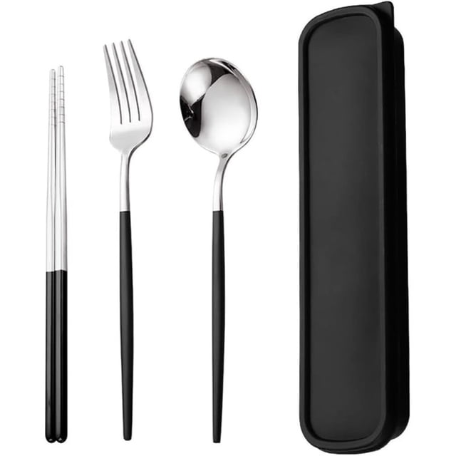 Utensilios de viaje, juego de cubiertos de acero inoxidable de 4 piezas, cubiertos portátiles reutilizables para campamento, incluye tenedor, cuchara, palillos con estuche (negro)