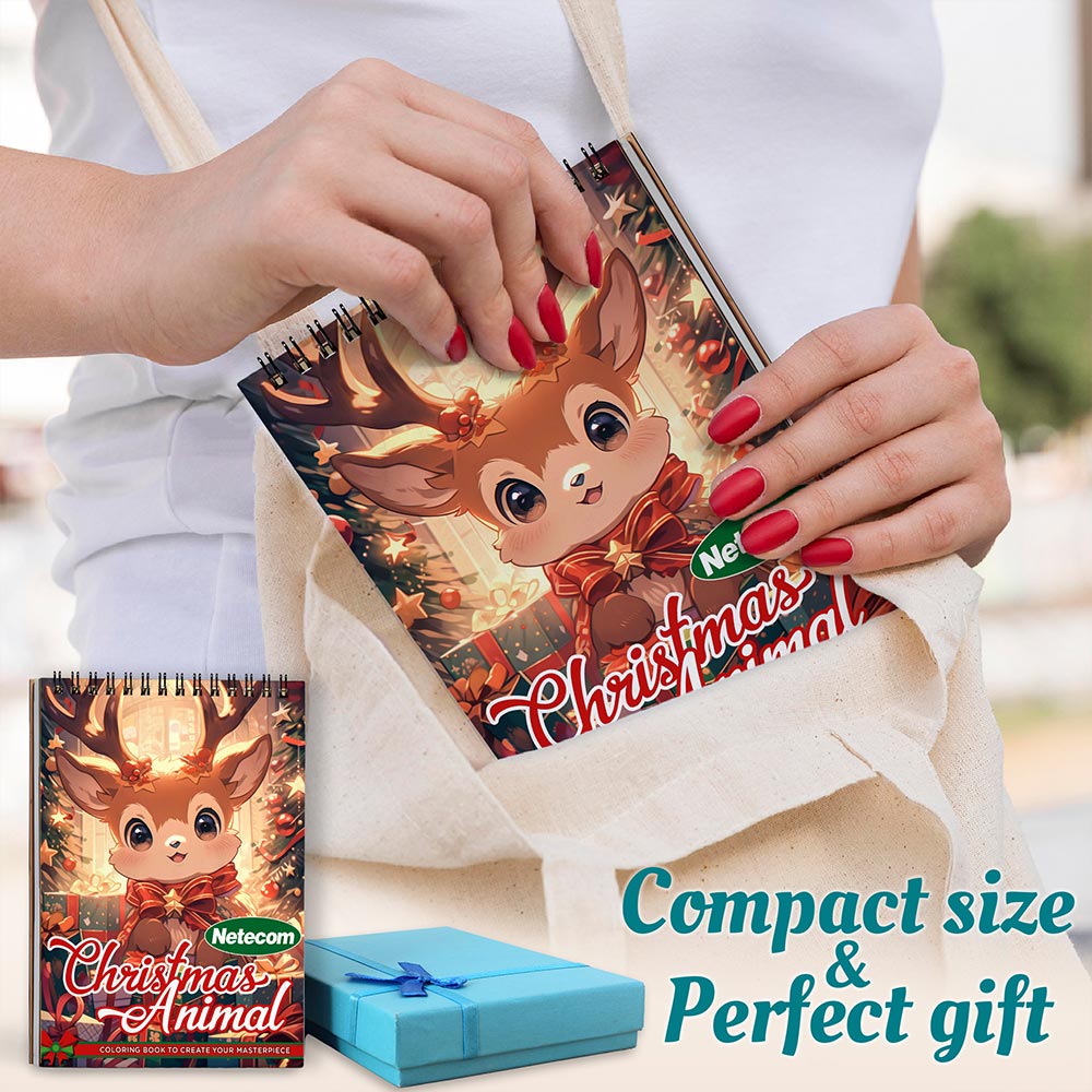 Netecom Christmas Animal Coloring Book Spiral Bound For Adults, A5 Wooden Cover, 30 Relaxing Coloring Pages of Snowy Animal Friends for Stress Relief and Relaxation