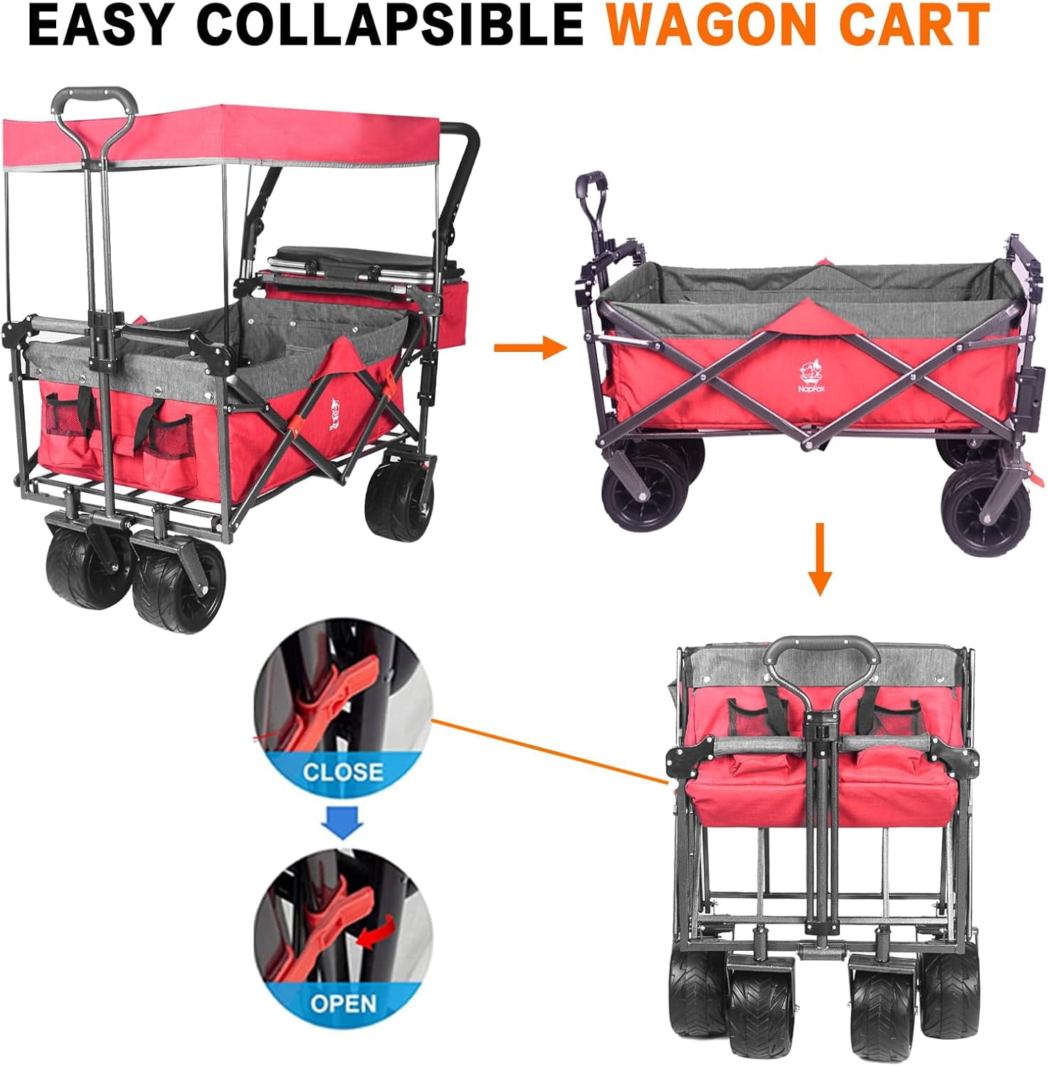 Collapsible Wagon cart with Removable Canopy, Large All Terrain Wheels, Brake, Adjustable Handles, Cooler Bag, Grey Red