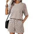 thumbnail image 2 of Stichou 2 Piece Short Sets for Women 2026 Summer Spring Plaid Lounge Beach Travel Vacation Outfits Matching Shorts Sweatsuit with Pockets Coffee M, 2 of 6