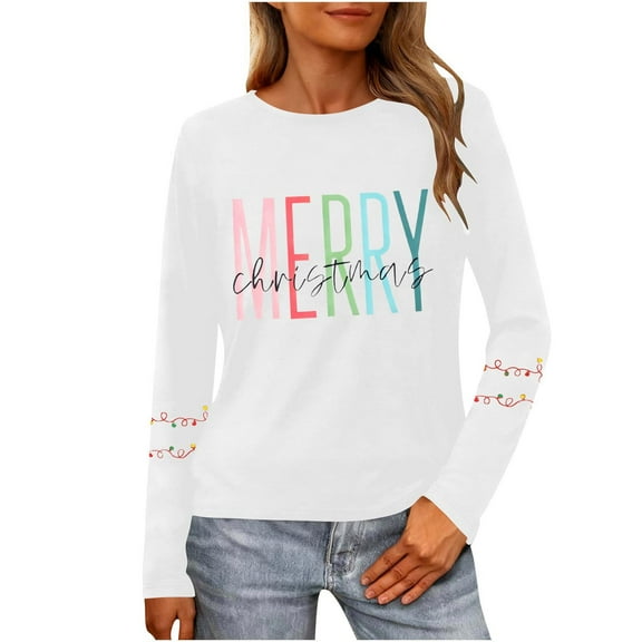 Women's Christmas Shirt Long Sleeve Tree Letter Print Crewneck Pullover Top White-13 S