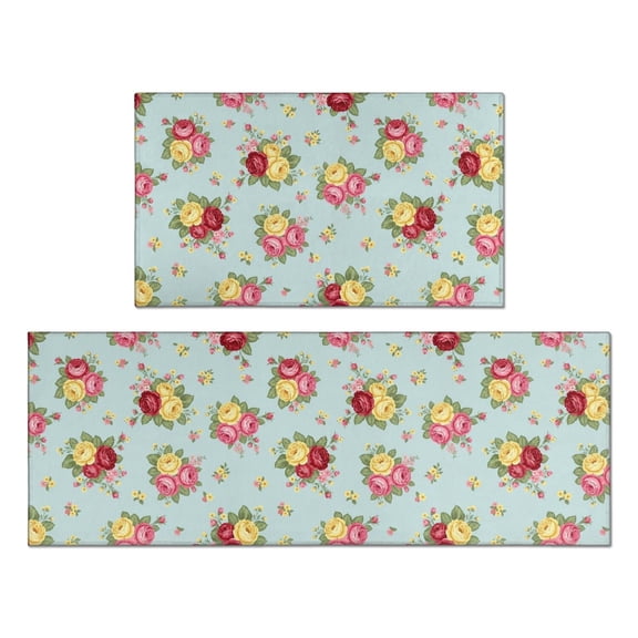 Pioneer Flower Floral Print Pattern Anti Fatigue Kitchen Rugs Set Of 2, Non Slip Washable Decorative Floor Mats for Kitchen Sink Laundry, 17"x30" and 17"x47"