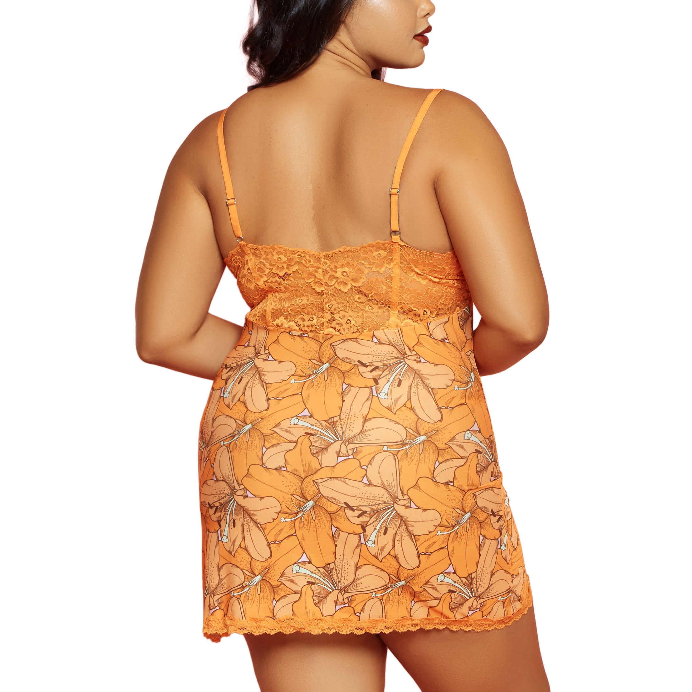 Glitter Lingerie Women's Plus Size Floral Lingerie Chemise and Panty Set, Orange 1-Pack