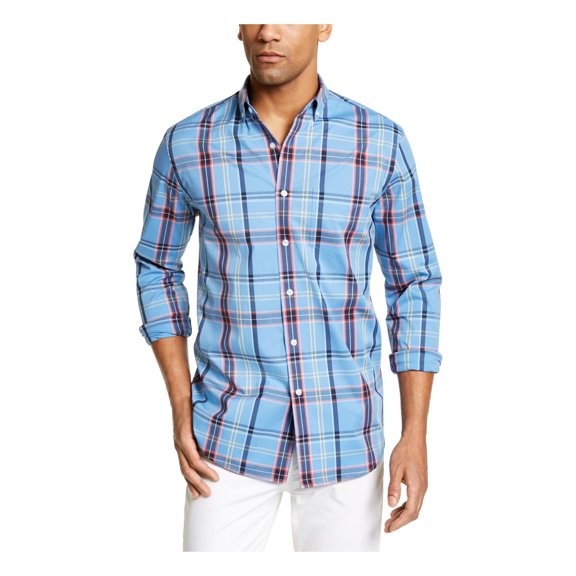 CLUBROOM Mens Blue Easy Care Plaid Collared Work Dress Shirt Size: L